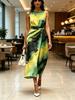 Round Neck Sleeveless Midi Dress with Green Yellow and Black Ink Wash Print Modern Elegant Casual Fashion Women's Clothing for Spring Summer Autumn