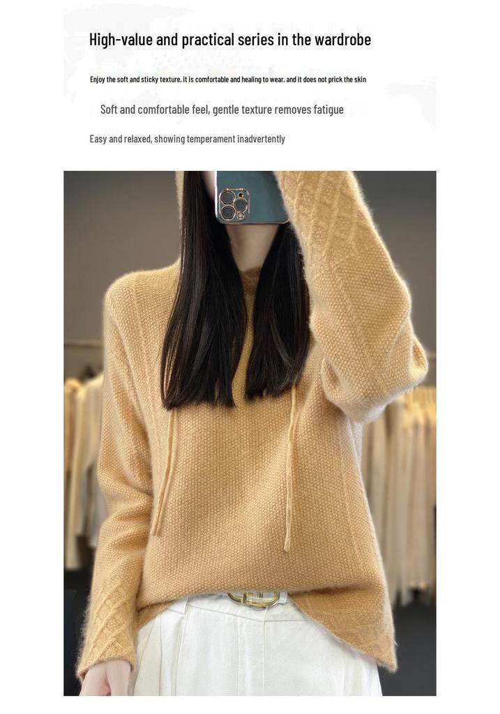 2024 Autumn/Winter Women's Pure Wool Hooded Knit Pullover - College Style Sweater