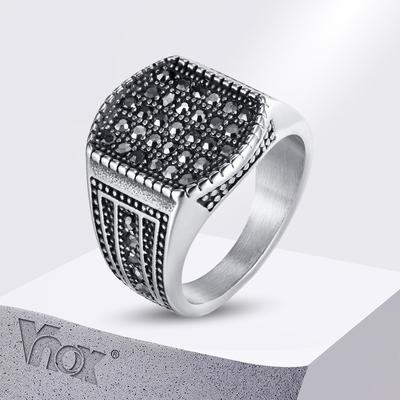 Vnox 16.7mm Biker Signet Ring for Men, Stanless Steel Geometric Top Ring, Black CZ Stones Stamp Finger Band, Gift To Him Husband