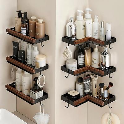 Black Walnut Bathroom Storage Rack Storage Rack Perforated Washbasin Wall Mounted Tripod Bathroom Accessories Corner Shelf