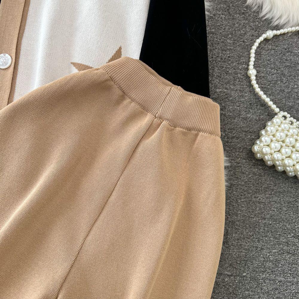 Fashion Suit for Women, Like Long-sleeved V-neck Single-breasted Knitted Jacquard Jacket, Two-piece Set of High-waisted and Thin Wide-leg Pants.