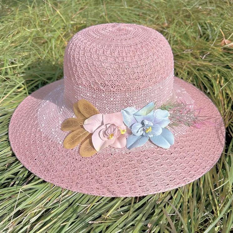 WTEMPO Women's Solid Color Wide Brim Travel Beach Breathable Sun Hats Retro Elegant Spring Summer Foldable Sunscreen Flowers Hats