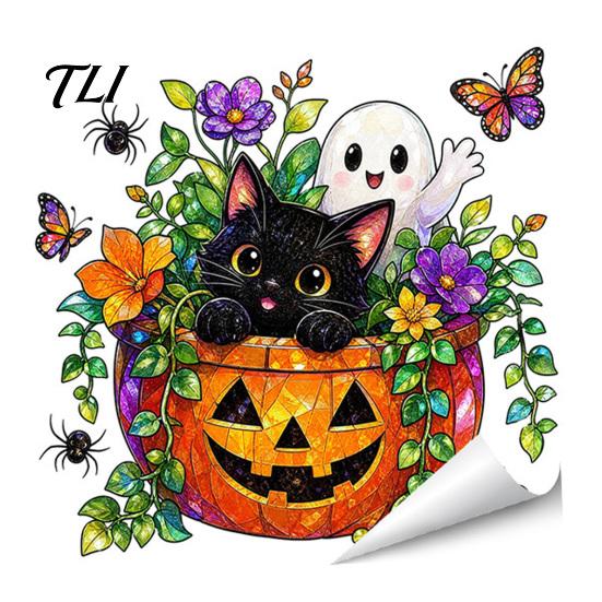 Easy Peel Stick Wall Decals Halloween Window Stickers, Cartoon Ghost Black Cat Pumpkin Static Glass Indoor Scene Setup Waterproof for Shop Home Party
