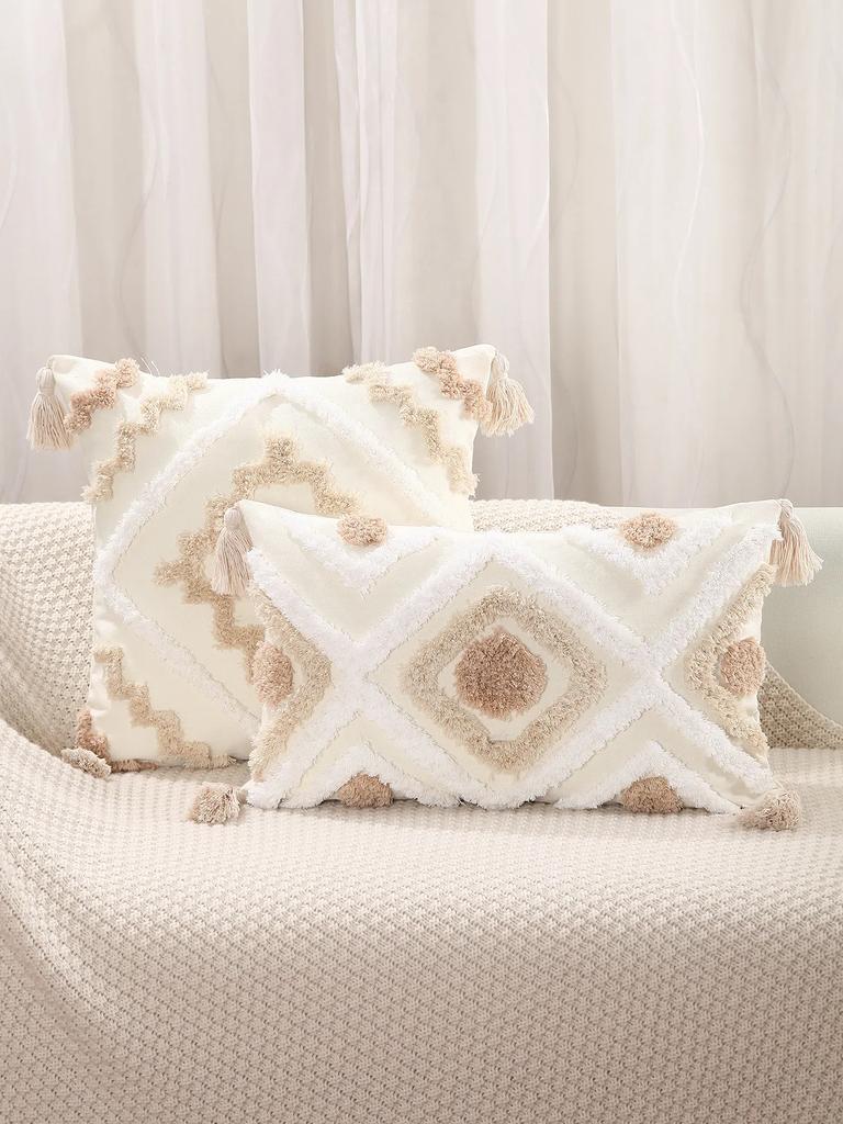 Tassels Cushion Cover Beige Boho Pillowcase with Tassels Tufted Home Decor Handmade Woven Pillowcase Sofa Living Room Decoration