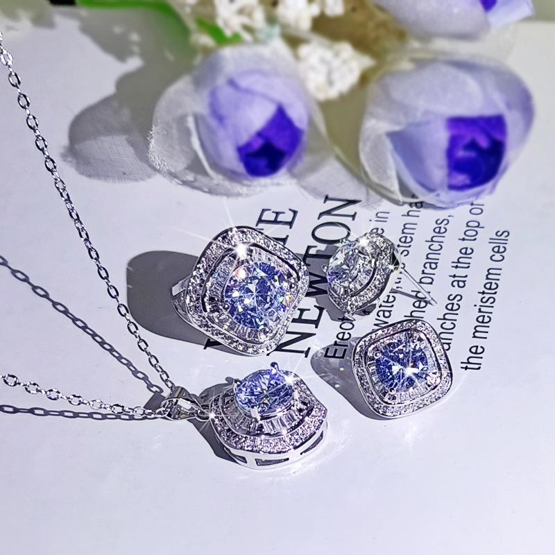 Square Drill Ring Full Diamond Micro Insert Earrings Pendant Clavicle Necklace Jewelry Set