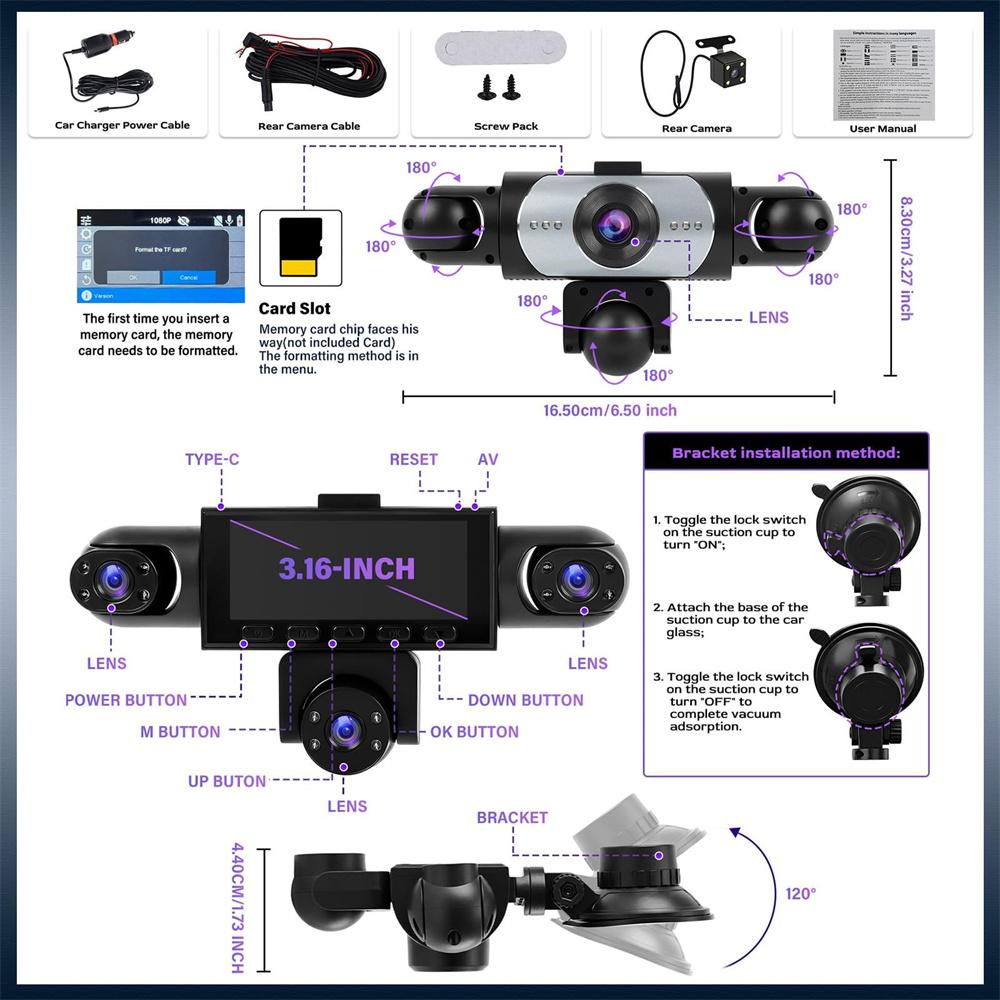5 Channel WIFI Dash Cam Front & Rear Inside Left Right, 3.16'' 1080P Dash Camera