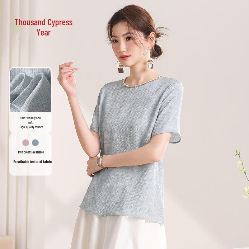 Qianbainian Mulberry Silk Blend Beaded Round Neck Short Sleeve T-Shirt Blouse L светло-синий