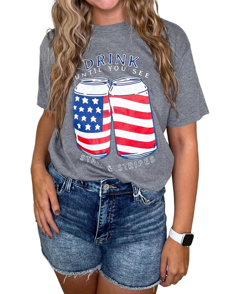 Azura Exchange Gray USA Flag Drink Cans Slogan Graphic Tee