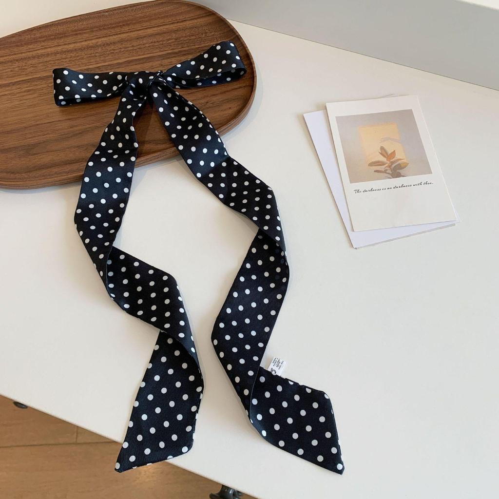 Women's French Retro Black Polka Dot Silk Scarf - 2025 High-End Layered Ribbon Hair Tie & Square Scarf Accessory