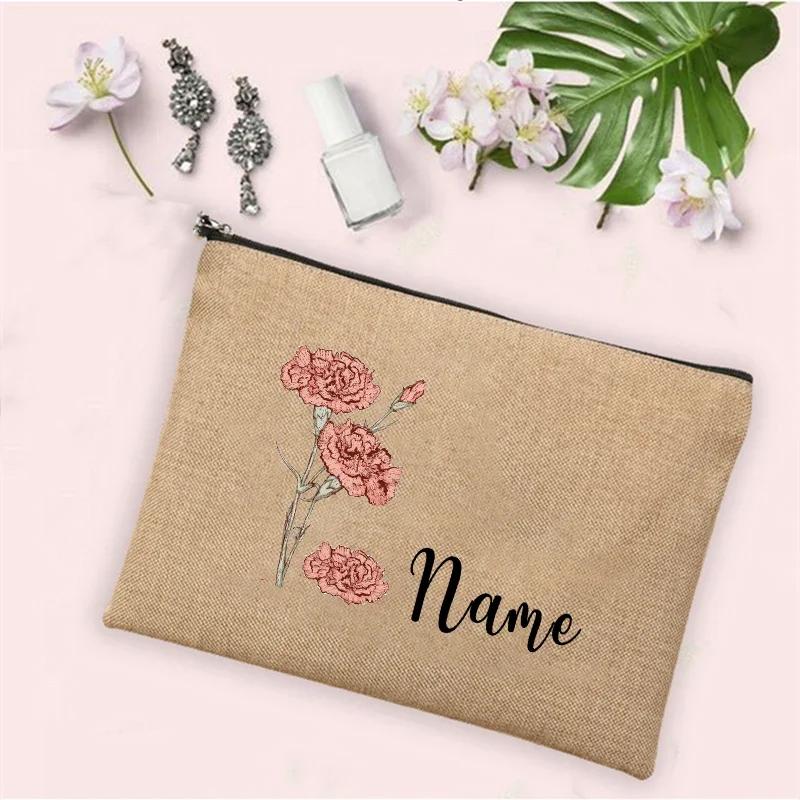 Personalized Customization Birth Month Date Flower Makeup Bag Women Travel Makeup Zipper Handbag Toilet Toiletries Wallet