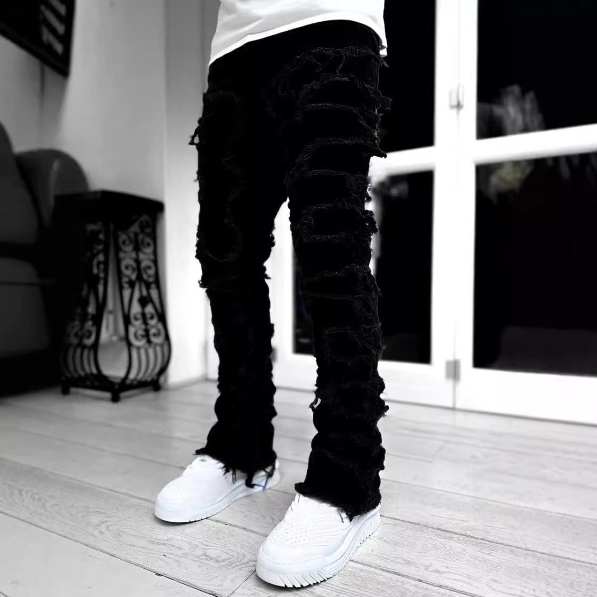 FlowStreet Y2k Hip-hop Style Fringed Jeans, Men s Casual Street Style Stretch Jeans S