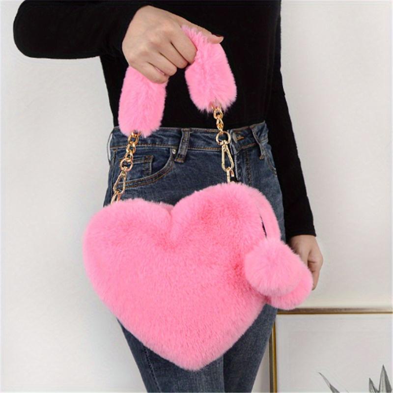 Faux Fur Heart-shaped Women Small Handbags Fluffy Plush Ladies Chain Shoulder Bag Female Furry Daily Clutch Purse