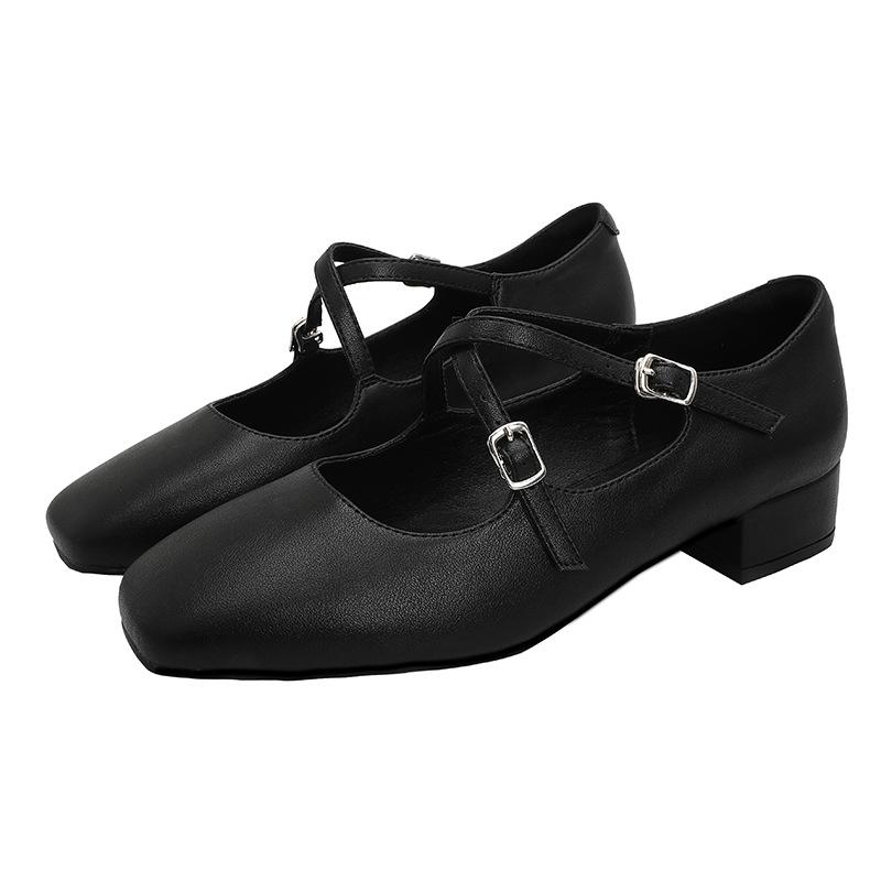 Retro Medium Thick Heel Women's Shoes Lightweight Mary Jane Shoes Cross Strap Square Toe Small Leather Shoes Shallow Mouth Casual Shoes