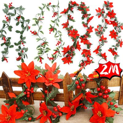 2M Christmas Tree Garland Decor Artificial Holly Berry Green Leaves Vine DIY Wedding Xmas Tree Hanging Rattan Wreath Home Decor
