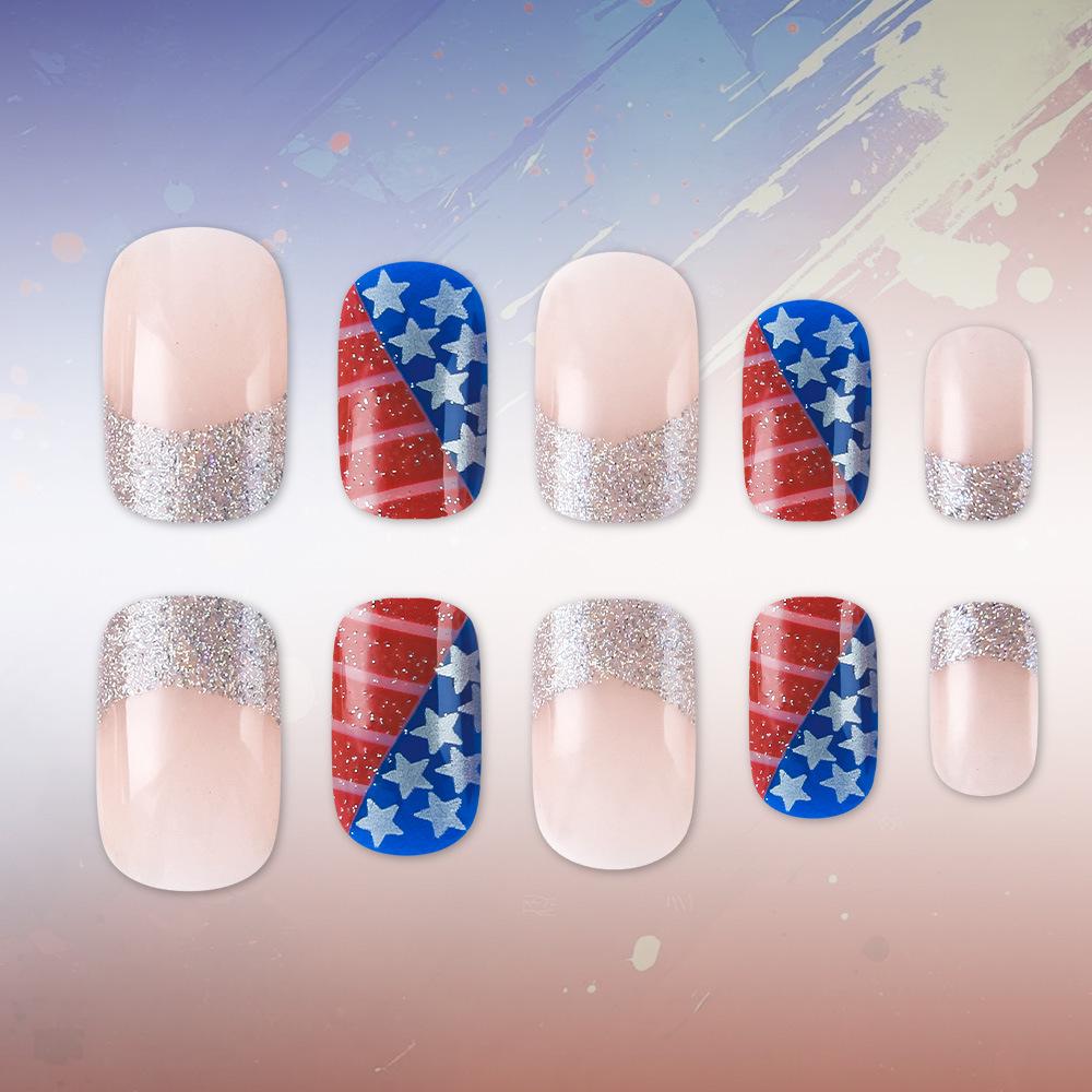 24-Piece French Silver Glitter Glossy False Nail Set with Art Stickers for Independence Day