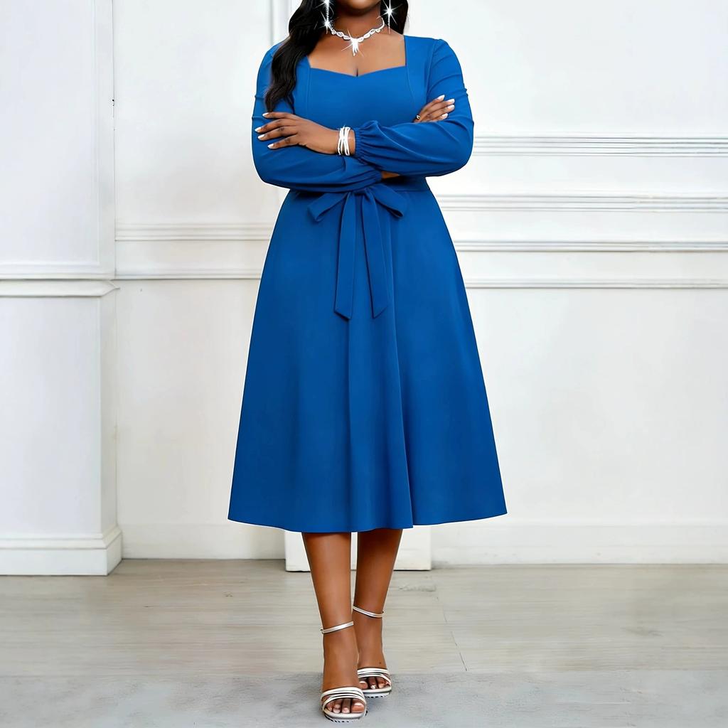 European and American large-size autumn new temperament elegant square collar solid color medium and long dress