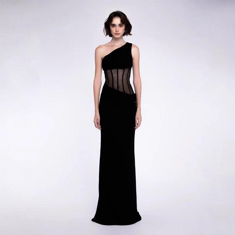 Elegant European One-Shoulder Party Evening Gown with High-End Mesh and Waist-Cinching Fishbone Design for Women