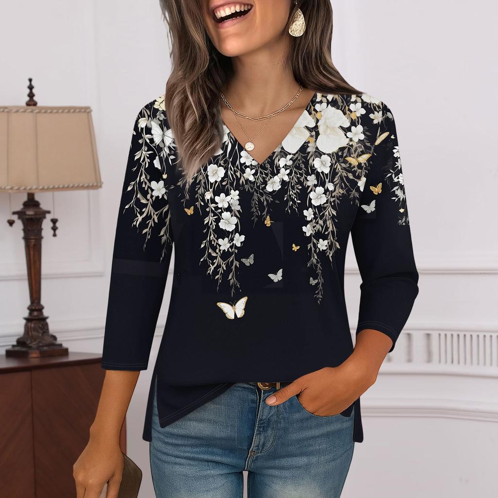 3/4 Sleeve Shirts For Women  Print Graphic Tees Blouses Casual Plus Size Basic Tops Pullover