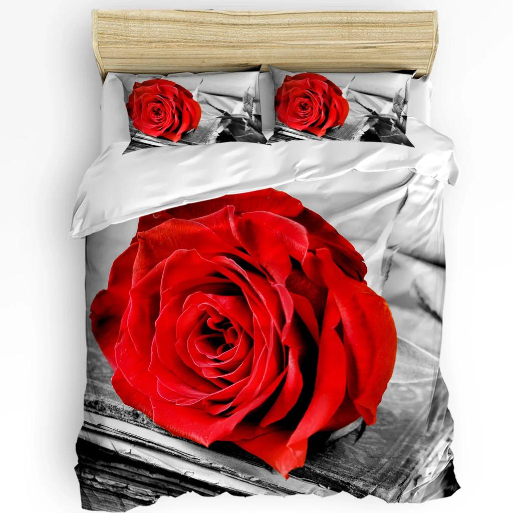 Red Rose Flower Black Duvet Cover Bed Bedding Set For Double Home Textile Quilt Cover Pillowcases Bedroom Bedding Set (No Sheet)