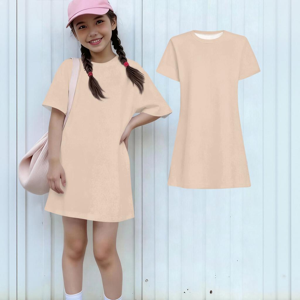 Girls Casual Sundress Kids Loose Round Neck Short Sleeve Lightweight Dress