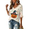 Women's V-Neck Three-Quarter Sleeve Halloween Print Blouse for Party and Costume Wear