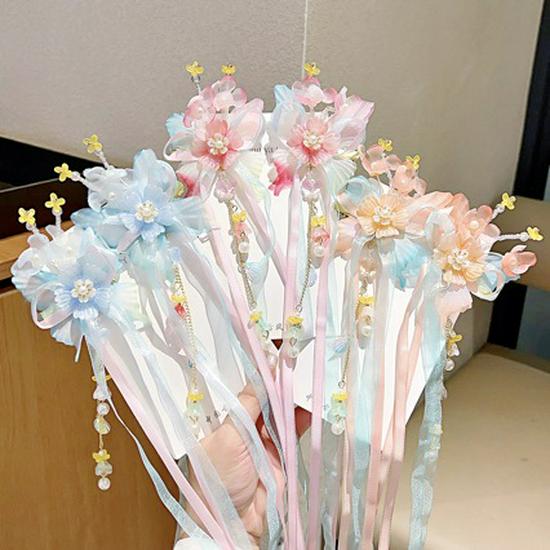 Ancient Style Hanfu Princess Butterfly Hair Clips with Long Ribbons - Children's Chinese Fairy Hair Accessories (Pair)