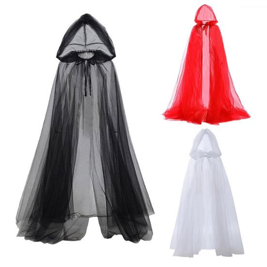 Halloween Gaskappe med hette Voksen Full lengde Gjennomsiktig Nett Hettekappe Halloween Heks Cosplay Kostyme for Renessanse Middelalderfest