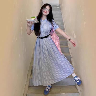 French Blue Striped Shirt Dress Women's Clothing Summer New Waist and Thin Temperament A-word Long Dress