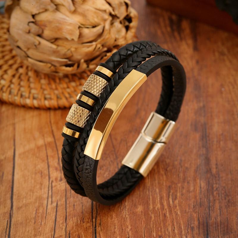 Herrarmband i flätat läder, flerskiktad design med texturerade legeringsdetaljer, Streetwear-manschettarmband, Ny trendig punkig, edgy stil