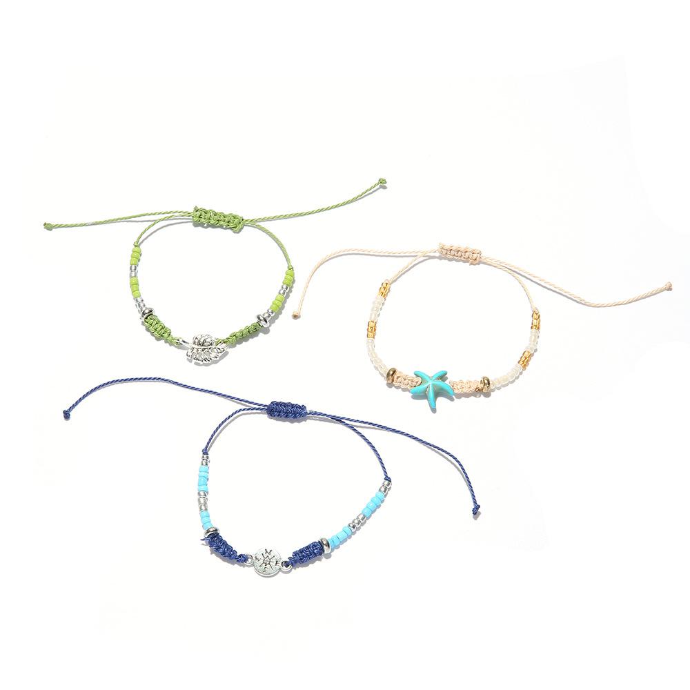Simple Accessories 3 Leaves Compass Starfish Braided Bracelet Set