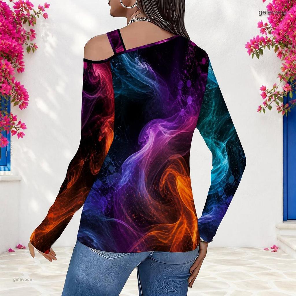 Women Plus Size Asymmetric Cutout Neck Cold Shoulder Long Sleeve Galaxy Printed Fitted Top