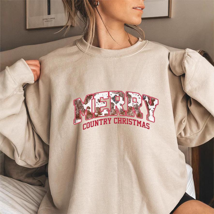 

Merry Country Christmas Lettered Long Sleeve Round Neck Sweatshirt XS