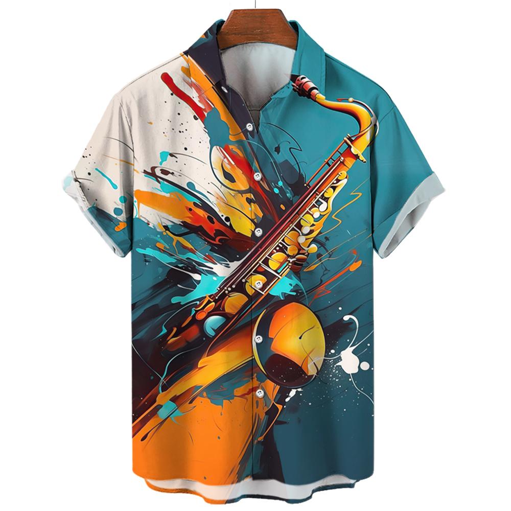 

Hawaiian Men s Shirt For Men Music Guitar Printed Tops Clothing Summer New Fashion Casual Oversized Collar Rock And Roll Blouses XL
