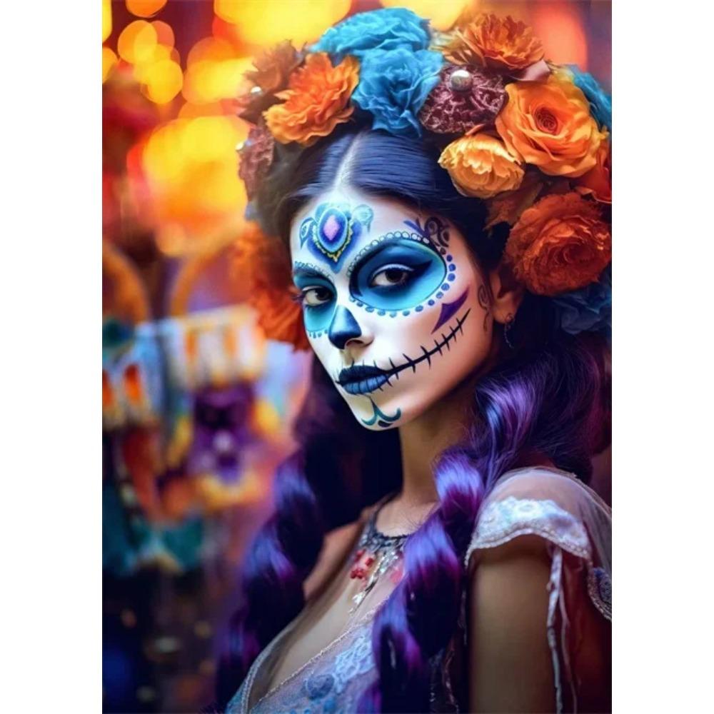 Festive and Mysterious Mexican Girl Day of Dead Gothic Sugar Skulls Canvas Painting Posters Prints Wall Art Picture Home Decor