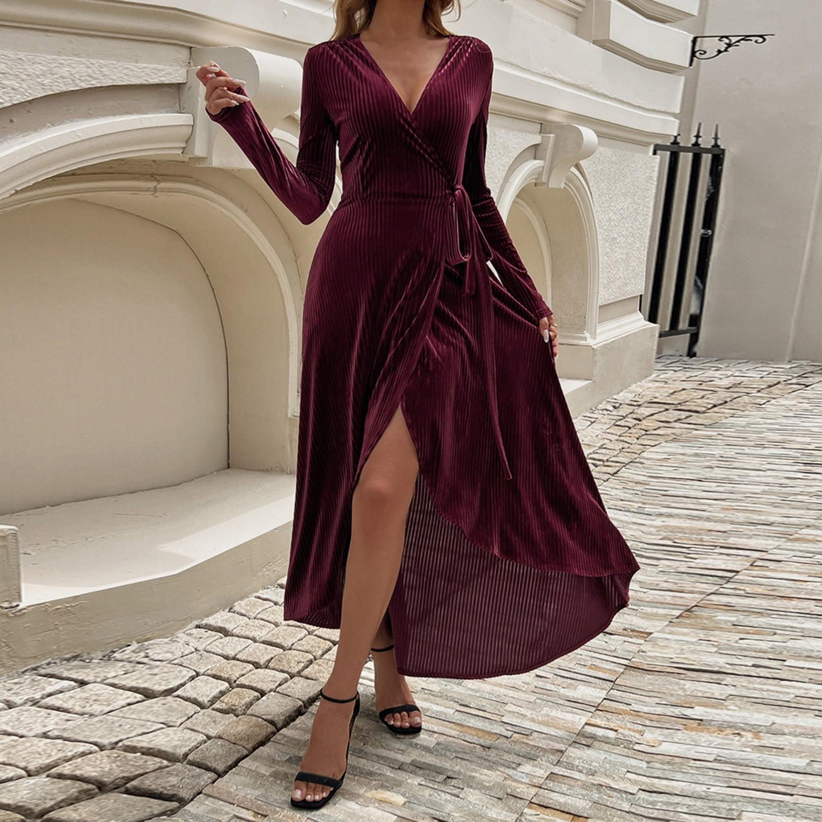 

Женские осенне-зимние платья премиум-класса Feeling Desire с V-образным вырезом, длинным рукавом, высокой талией и разрезом, винтажные рождественские платья XL красный