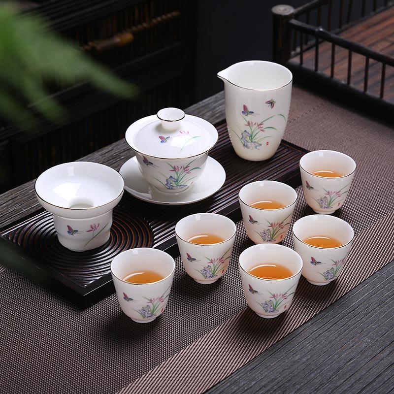 Ceramic suet jade porcelain kung fu tea set cover bowl teacup business company festival gifts