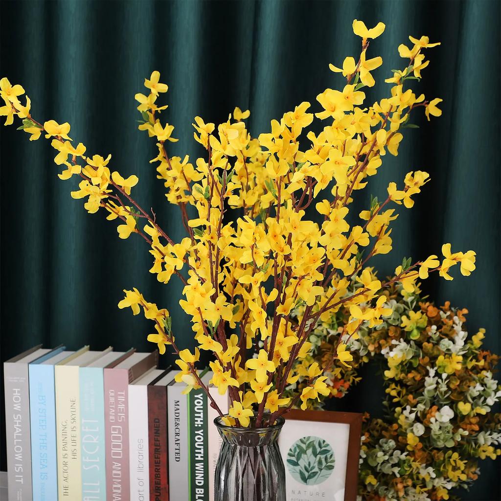 Artificial Orchids Flowers Winter Jasmine Ornament Plastic Branch Simulation Single 5-prong Yellow 94cm Home Decoration