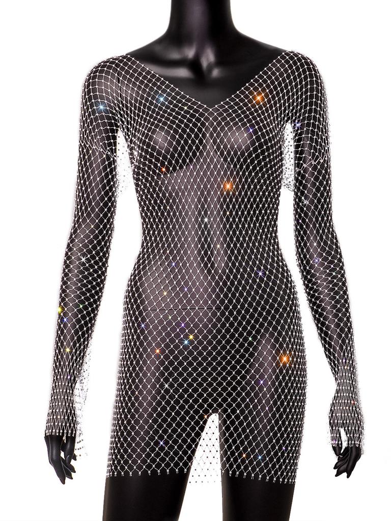 Women's Flared Sleeve Mesh Flash Diamond Crew Neck Dress Sexy Hollow Women's Dress