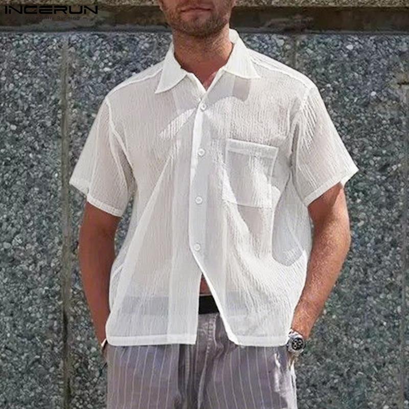 

INCERUN Men Summer Lapel Neck Semi-Sheer Solid Color Texture Casual Shirts 5XL фіолетовий
