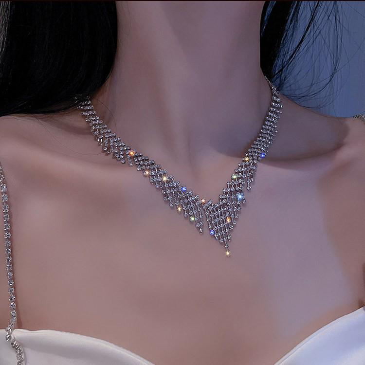 Luxurious European-American Crystal Tassel Necklace - Geometric Design, High-End Chic for Women