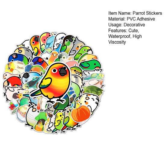 50Pcs Cartoon Parrot Stickers Various Styles Waterproof PVC Adhesive Colorful Cute Decals Vinyl Art DIY Scrapbook Skateboard Laptop Water Bottle