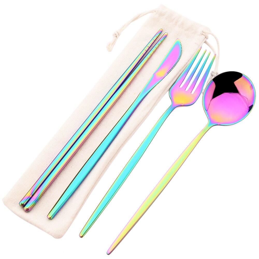 8Pcs/Set Portable Stainless Steel Dinnerware Set Travel Camping Spoon Fork Knife Chopsticks Straws Brush Tableware Flatware Set with Storage Bag