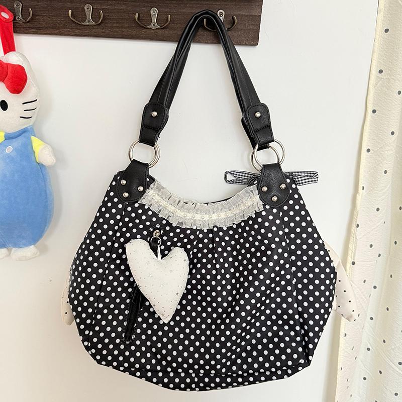 Y2k Polka Dot Wing Tote Bag Double-sided Lace Trim Shoulder Bag Large Capacity Harajuku Style Canvas Handbag Cute Casual Purse