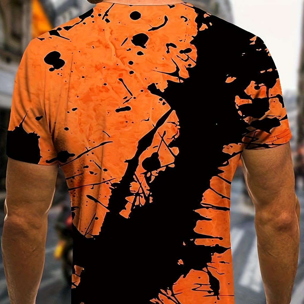 Color Block Splash Ink 3D Print Masculino Trendy Sports Manga Curta Gola Redonda Camiseta, Verão Ao Ar Livre