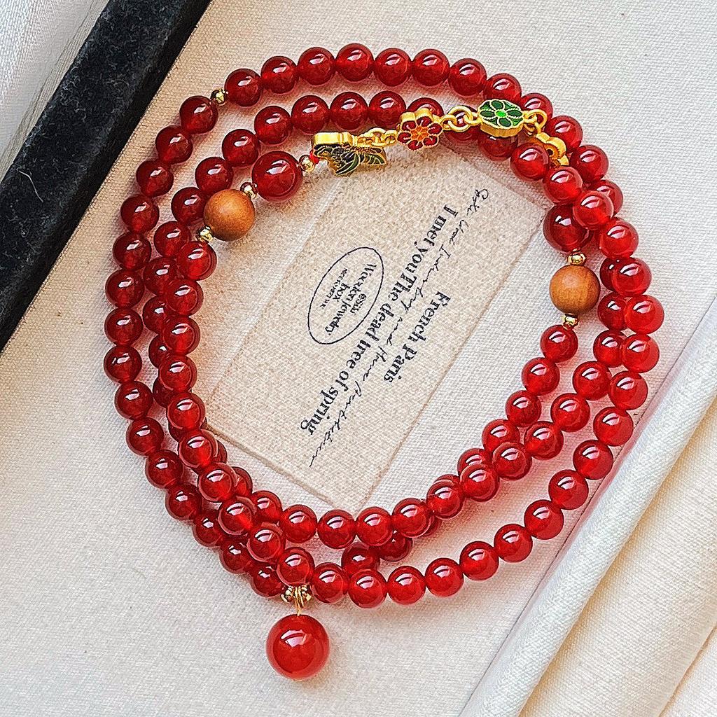 Vintage High-Quality 7A Pigeon Blood Red Chalcedony Multi-Layer Design Sweater Chain Necklace Collarbone Chain Female