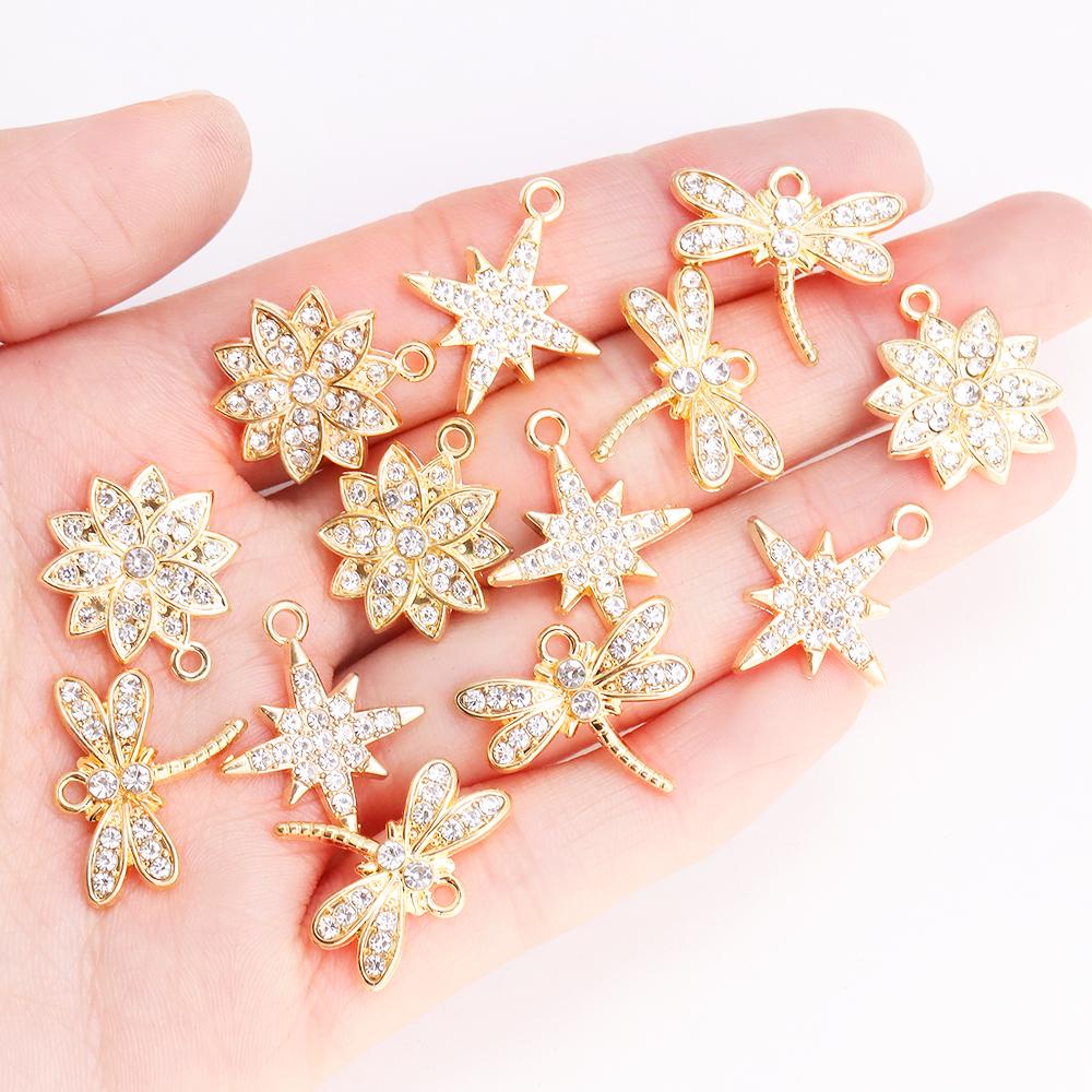 10Pcs Delicate Gold Color Zircon Flower Dragonfly Star Charms Pendants High Quality Diy Necklace Earrings Jewelry Accessories