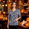 Damen Casual Uniform Top mit Halloween-Print, V-Ausschnitt, Taschen, Seitenschlitz und Dreiviertelärmeln