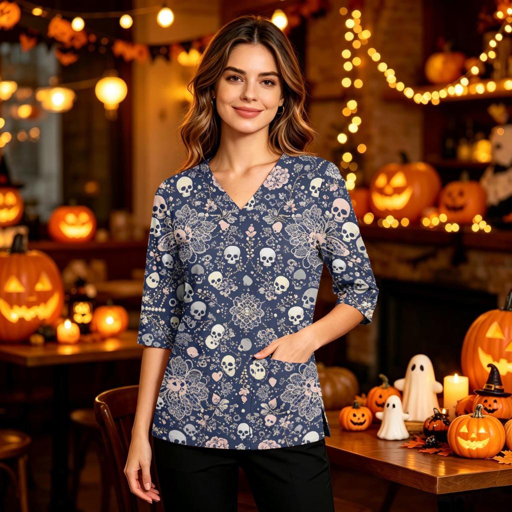 Damen Casual Uniform Top mit Halloween-Print, V-Ausschnitt, Taschen, Seitenschlitz und Dreiviertelärmeln