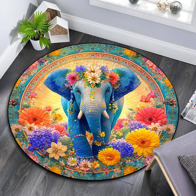 Elephant Round Area Rug,Carpet Rug for Living Room Bedroom Sofa Playroom Decor,Non-slip Floor Mat
