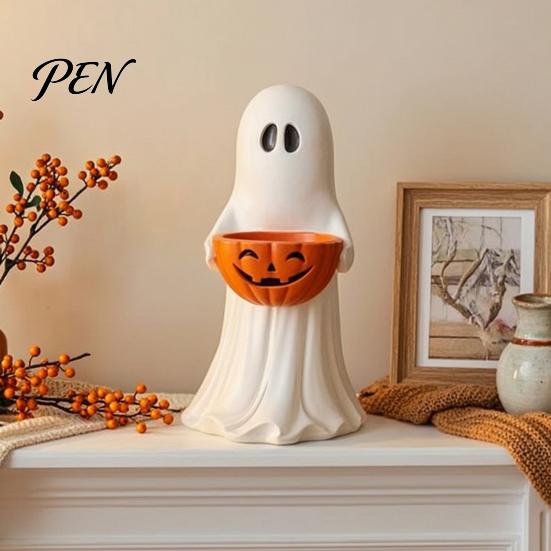 Trick or Treat Dessert Holder Resin Ghost Statue with Pumpkin Candy Bowl, Cute Figurine, Multi Functional Storage Figure for Front Porch Yard